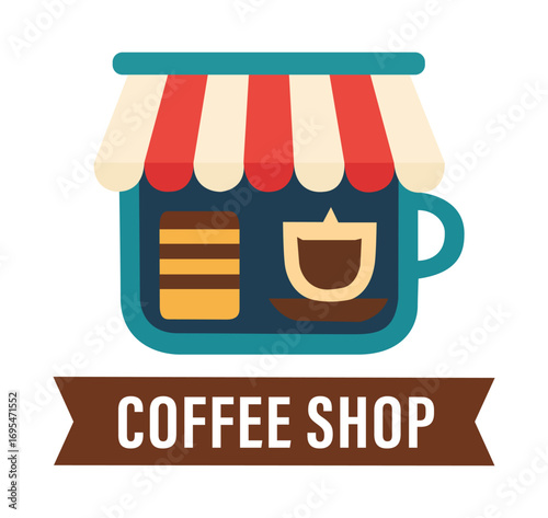 A coffee shop logo featuring a coffee cup and coffee beans, a perfect vector icon for a cafe or roastery