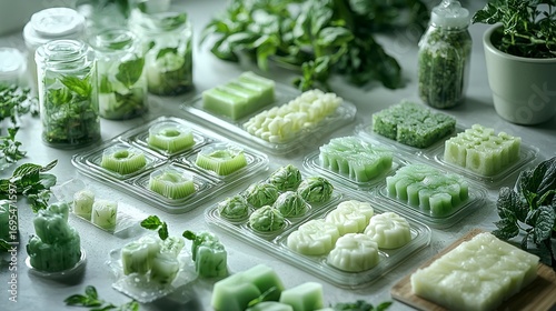 Assorted green herbal soaps and candles in various shapes and sizes