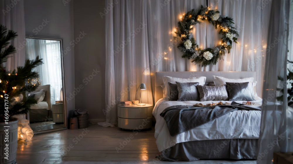 Fototapeta premium Luxury winter bedroom with velvet pillows and fairy lights, calm holiday mood, concept of New Year holiday