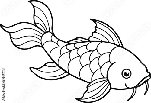 koi fish line art, black outline, vector and illustration