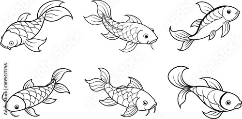 Collection of koi fish line art, black outline, vector and illustration