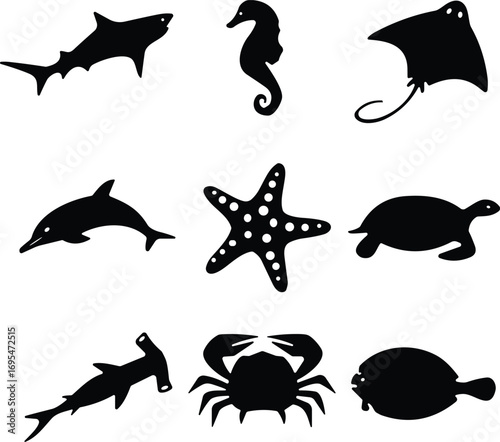 Sea Animal Silhouettes, Marine Creatures, Shark, Dolphin, Seahorse, Turtle, Crab, Starfish, Stingray, Vector Icons, Black Shapes, Isolated Graphics