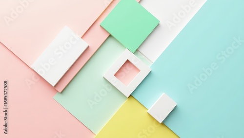 A vibrant geometric design with pastel hues, featuring layered shapes and contrasting colors.