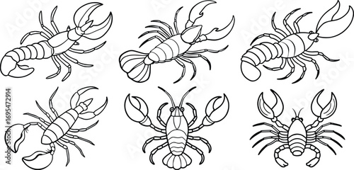 Set of lobster line art, black outline, vector and illustration