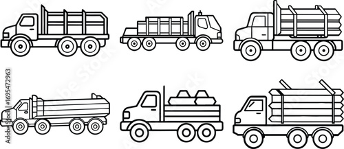 Collection of log carrier truck line art, black outline, vector and illustration