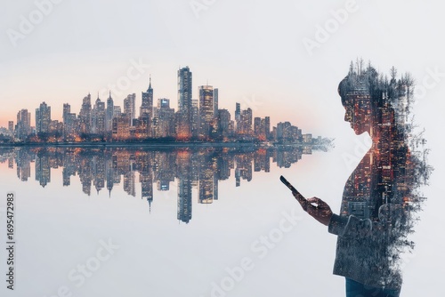 Double exposure of a woman using a tablet, with a cityscape reflected on water