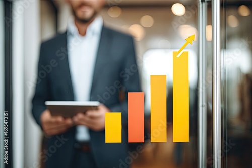 Businessman holding tablet in front of a growth chart on a glass door