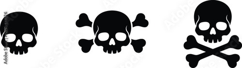 Skull icon, crossbones symbol, danger sign, poison warning, pirate emblem, hazardous graphic, black silhouette, toxic alert, death mark, vector illustration