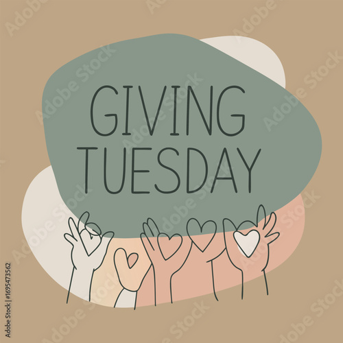 Giving tuesday hands reach up below a gray cloud with text promoting generosity and kindness