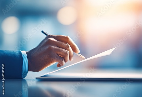 Close-up of hand signing a document over a tablet