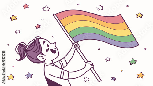 Happy girl holding a rainbow pride flag with stars