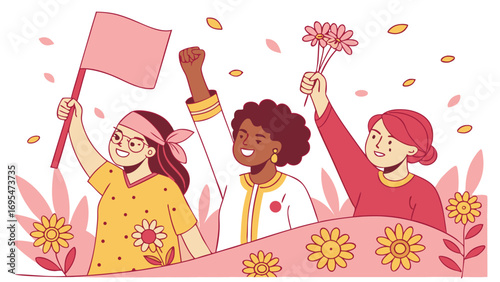 Three women celebrating with a flag and flowers