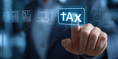 Businessperson's finger touches a glowing TAX button displayed on a digital interface, surrounded by various business technology icons