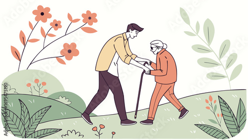 Young man helping an elderly woman walk with a cane outdoors