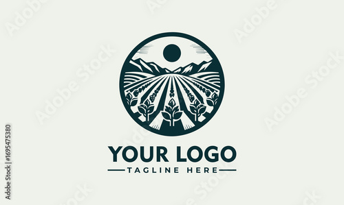 A circular logo featuring a farm field, mountains, sun, and stylized plants.