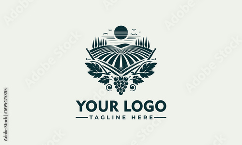 Logo design featuring a vineyard landscape with grapes, sun, and trees in a circular emblem.
