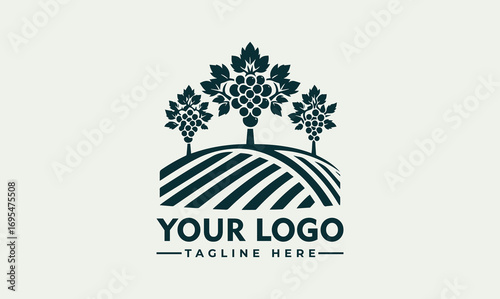 Vintage logo design featuring grapevines and vineyard, with a place for custom text.
