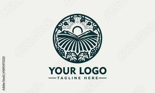 Sunlit vineyard landscape encircled by grapevines, forming a circular logo design.
