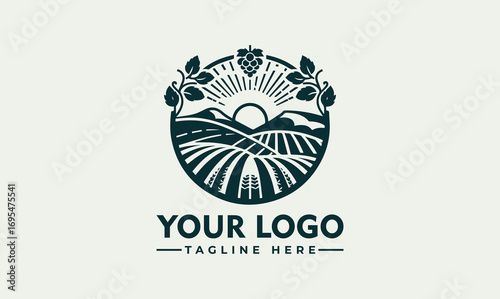 Circular logo design featuring a stylized landscape with fields, mountains, and a rising sun.