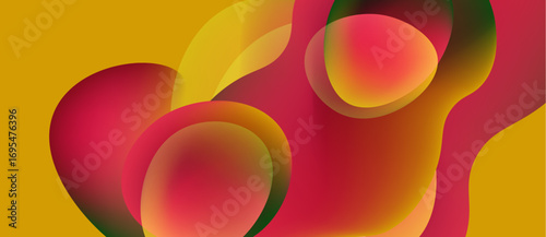 Abstract shapes overlap, creating vibrant color blends. Yellow, red, green hues dominate composition. Smooth gradients define forms.