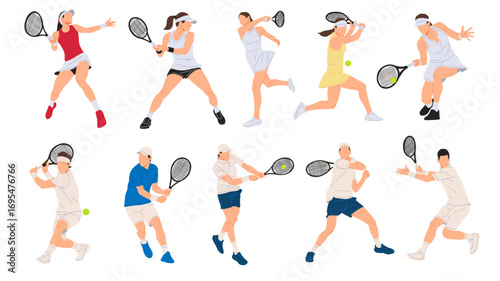 Vector illustration set of tennis players, men and women, in various action poses such as serve, forehand, backhand, and smash. Perfect for sports design, tournaments, and training concepts.