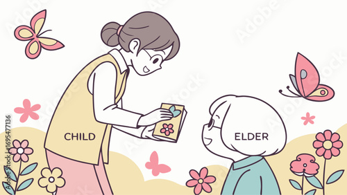 Child gives a gift to an elder in a garden with butterflies