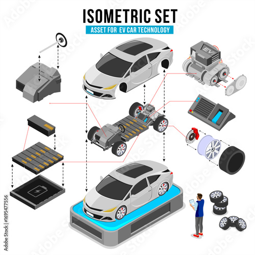 Isometric vector set of modern electric car design, showing EV technology components, battery, motor, chassis, and wheels for innovation and engineering concept.