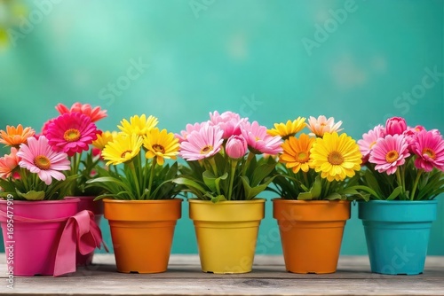 A cheerful array of colorful flowerpots brimming with vibrant blooms, ready to brighten any space Perfect for spring, summer, gardening, and home decor themes , flowers, horticulture