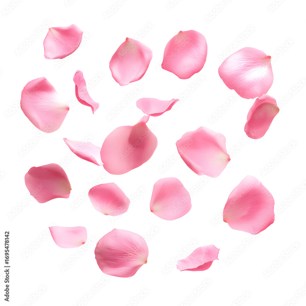Fototapeta premium Floating Pink Rose Petals on Black Background: Elegant Floral Arrangement