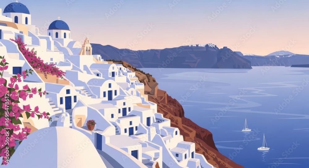 Fototapeta premium Scenic Coastal Village in Santorini with White Buildings Blue Domes and Pink Bougainvillea at Sunset