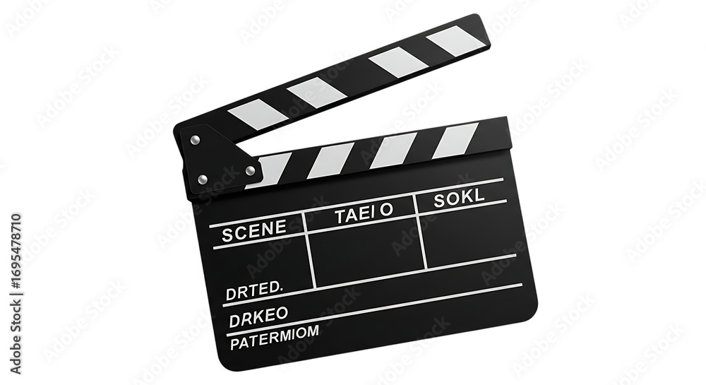 Obraz premium A classic black film clapperboard with white stripes used for marking scenes in cinema production isolated on white background