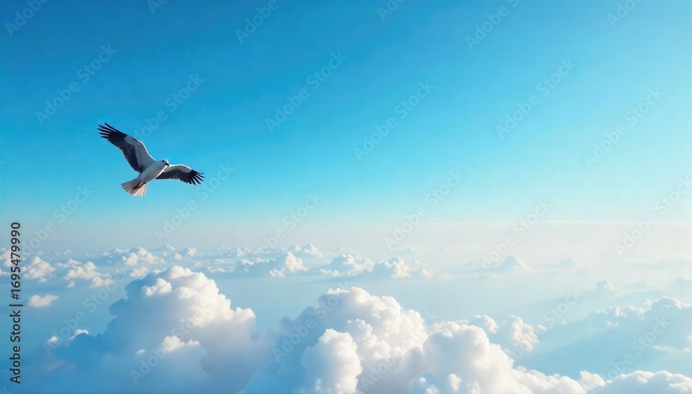 Fototapeta premium A lone bird soars through a vast, cloudless sky, wings outstretched, symbolizing boundless freedom and limitless potential The image evokes a sense of escape and liberation , optimism, sun, bright