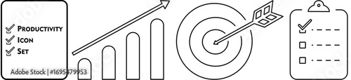 Icons of checklist, growth chart, target, and clipboard, representing productivity, goal achievement, and efficient task management.