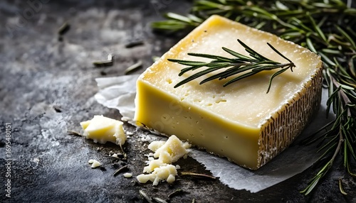 One piece of Spanish Manchego sheeps milk cheese with rosemary herb.