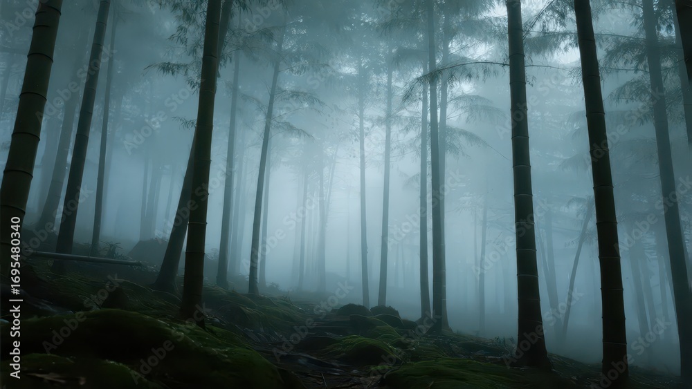 Obraz premium A bamboo forest filled with mist, with tall and straight bamboos, creating a quiet and serene atmosphere.