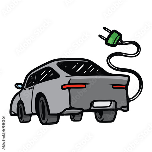 Electric car with charging plug cartoon vector illustration