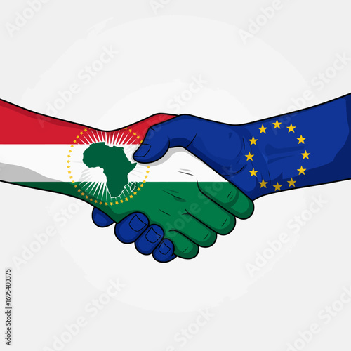 Handshake between African Union and European Union flags.