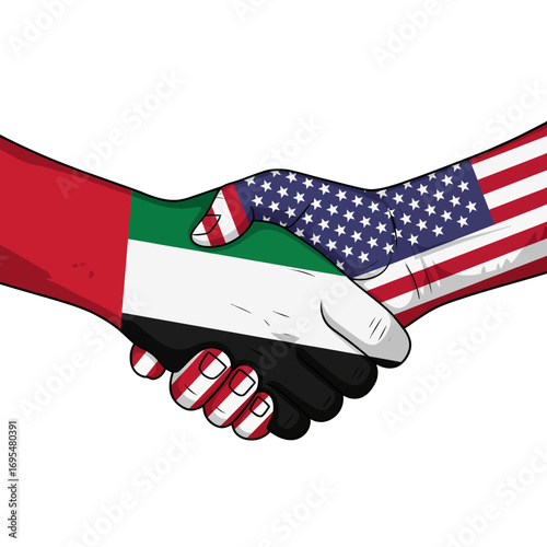 Two hands shaking, one painted with the UAE flag and the other with the USA flag, symbolizing international cooperation and partnership.