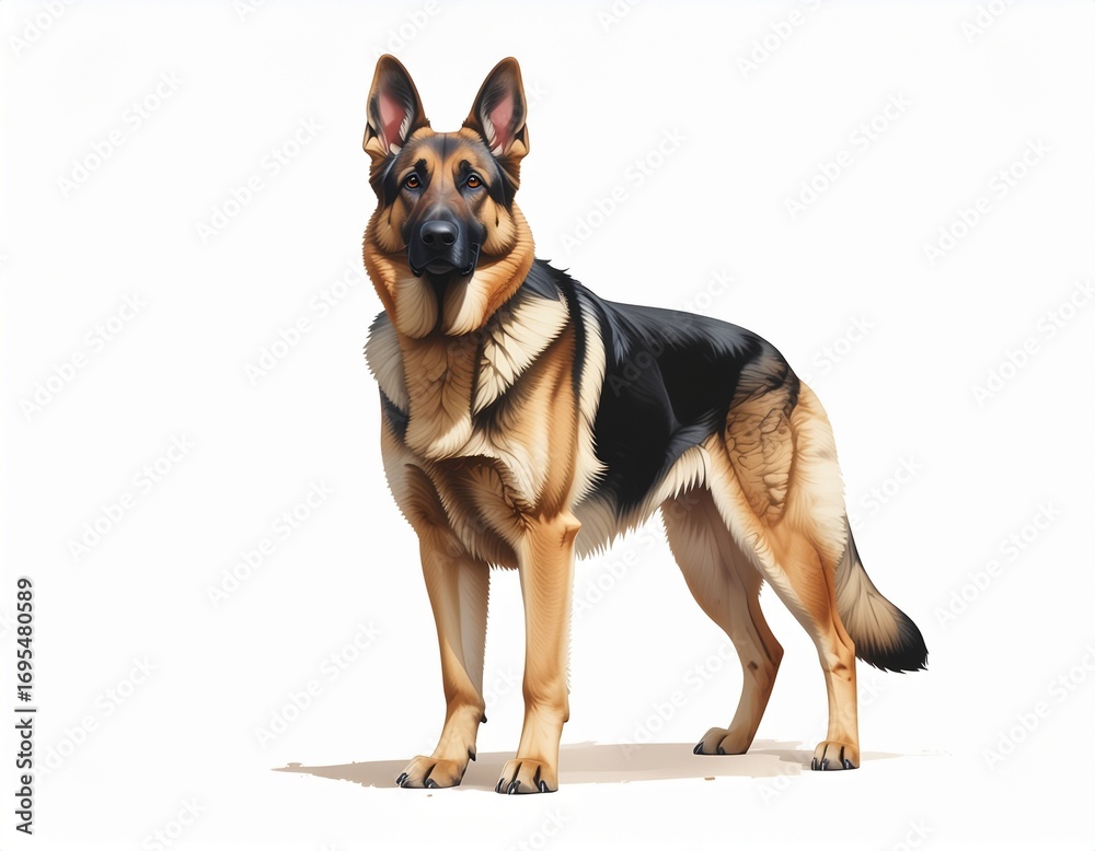 Obraz premium A majestic German Shepherd dog standing proudly in a full-body portrait illustration against a clean white background.