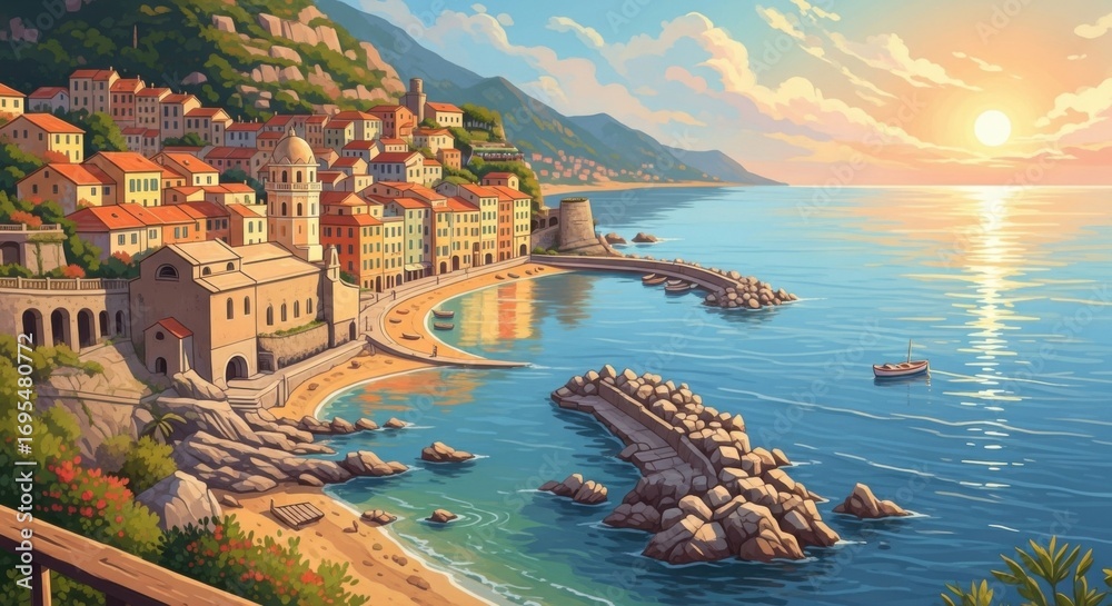 Fototapeta premium Colorful Coastal Village Scene at Sunset with Hills and Calm Sea