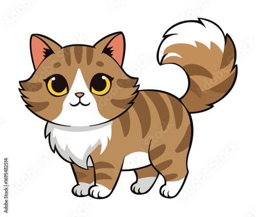 Cute brown and white striped cartoon cat with big yellow eyes and a fluffy tail, a playful vector illustration of a kitten
