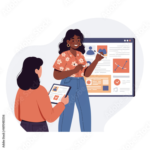A vibrant 2D flat illustration depicts an engaging online classroom scene with a friendly teacher instructing a focused student, set against a clean white background.