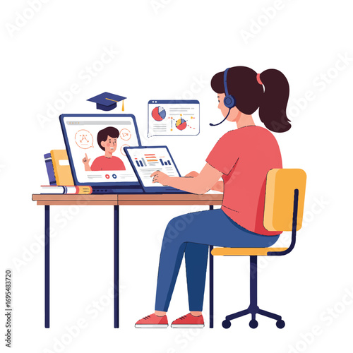 A dedicated student attentively listens to an online teacher lecture in a vibrant 2D flat illustration, perfectly capturing modern e-learning and distance education on a clean white background.