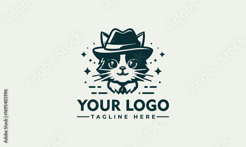 Cartoon cat head wearing a hat and bow tie, stylized logo design with stars and lines.