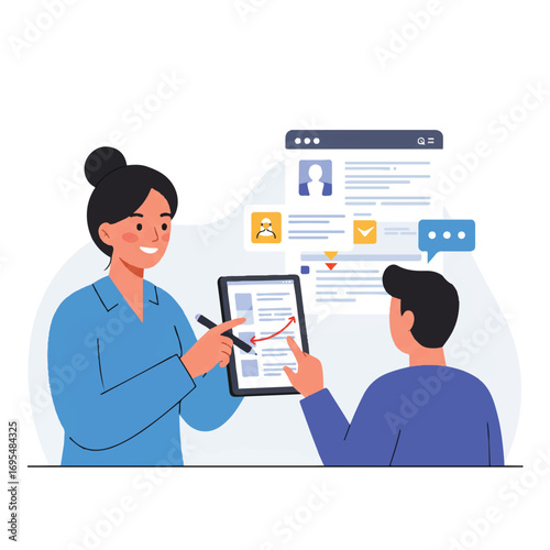 Flat 2D vector illustration shows a supportive teacher providing constructive feedback to a student during an online learning session on a clean white background.