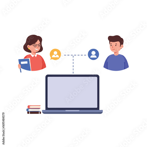 Online education, featuring a teacher and student virtually connected through a laptop, represents modern remote learning in a vibrant 2D flat vector illustration on a clean white background.