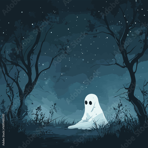 Sad Ghost in Foggy Night Sky , vector style simple color