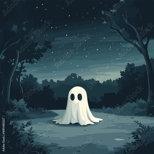 Sad Ghost in Foggy Night Sky , vector style simple color