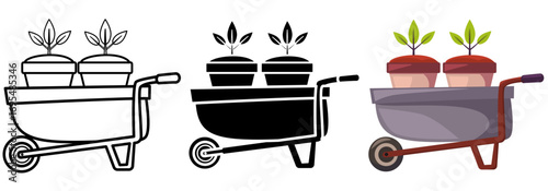 Set icons of garden cart with plant pot.