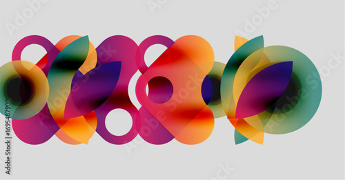 Abstract colorful overlapping circles create dynamic composition. Soft gradients, vibrant hues, modern design. Simple shapes, pleasing aesthetic.
